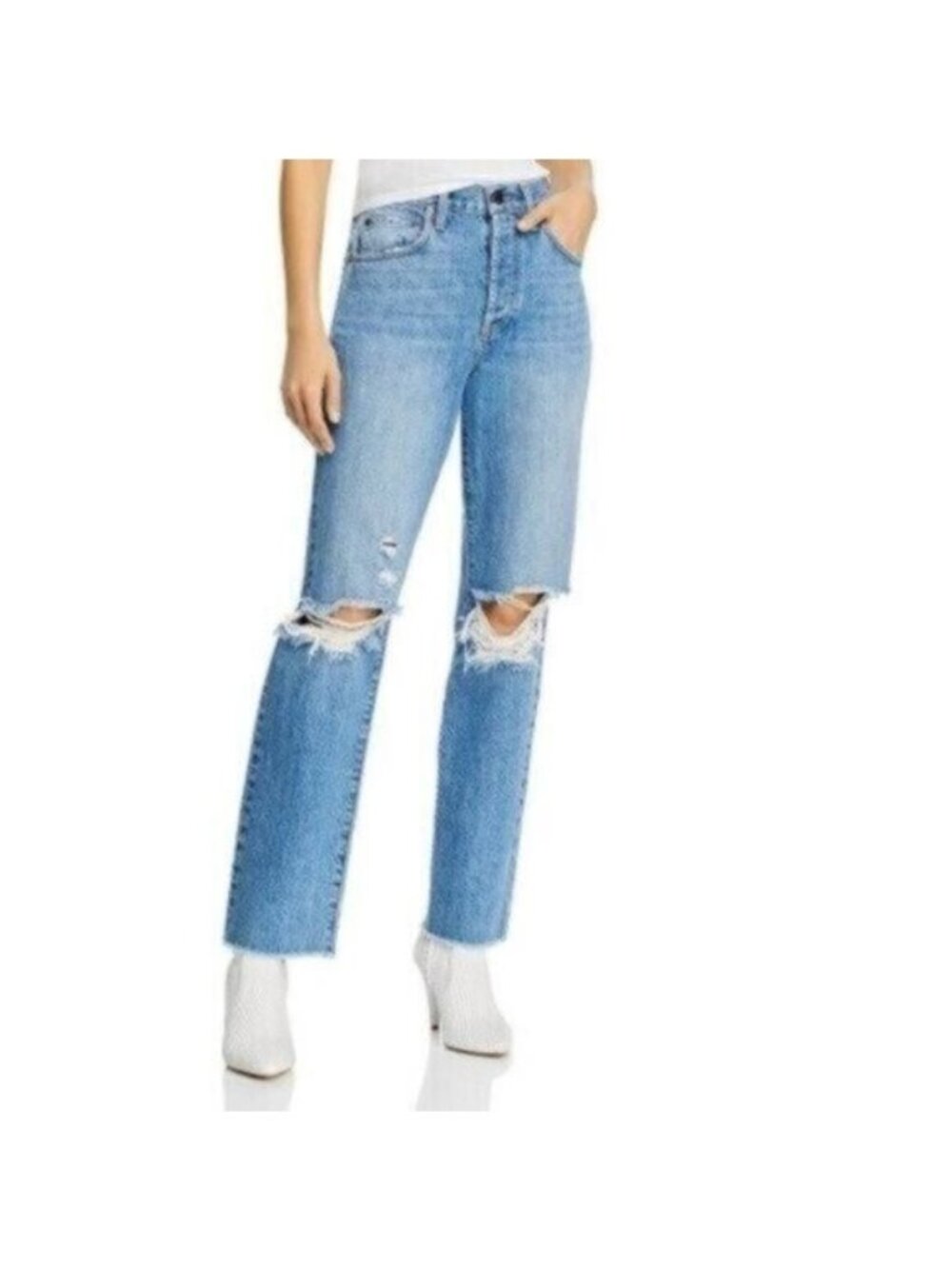 Alice and Olivia High Waist Ripped Boyfriend Jeans 27 Medium Blue Denim Designer